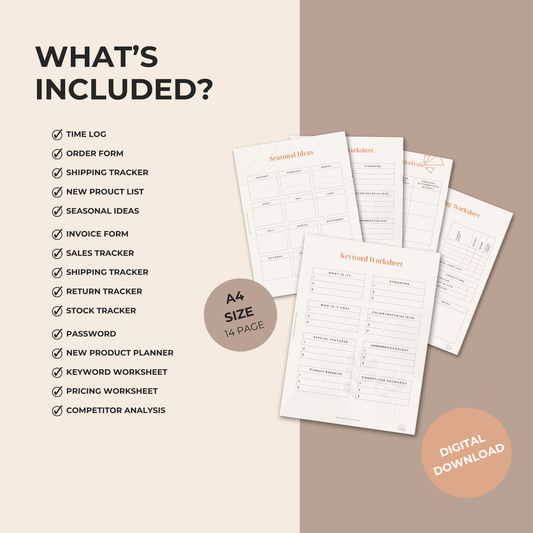 List of included items with A4 size planner sheets on a beige background