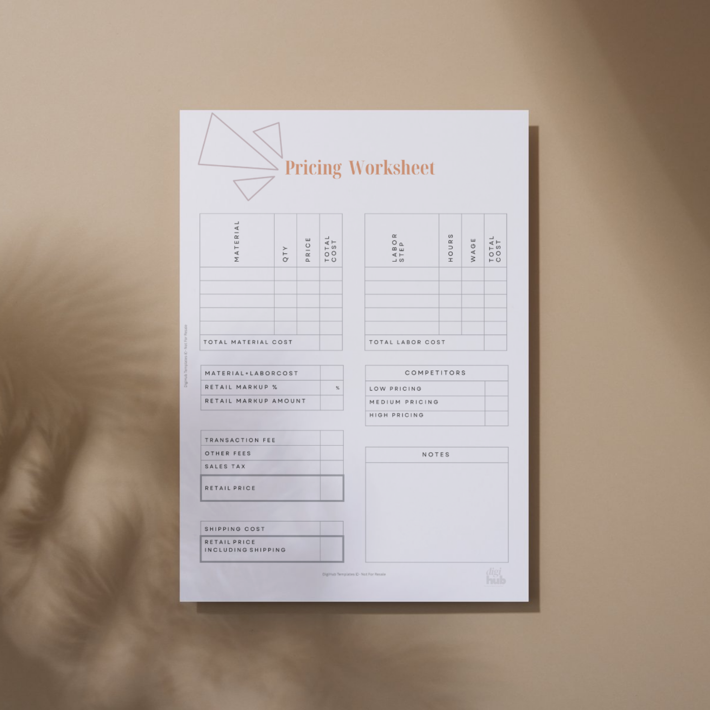 Pricing worksheet on a beige background