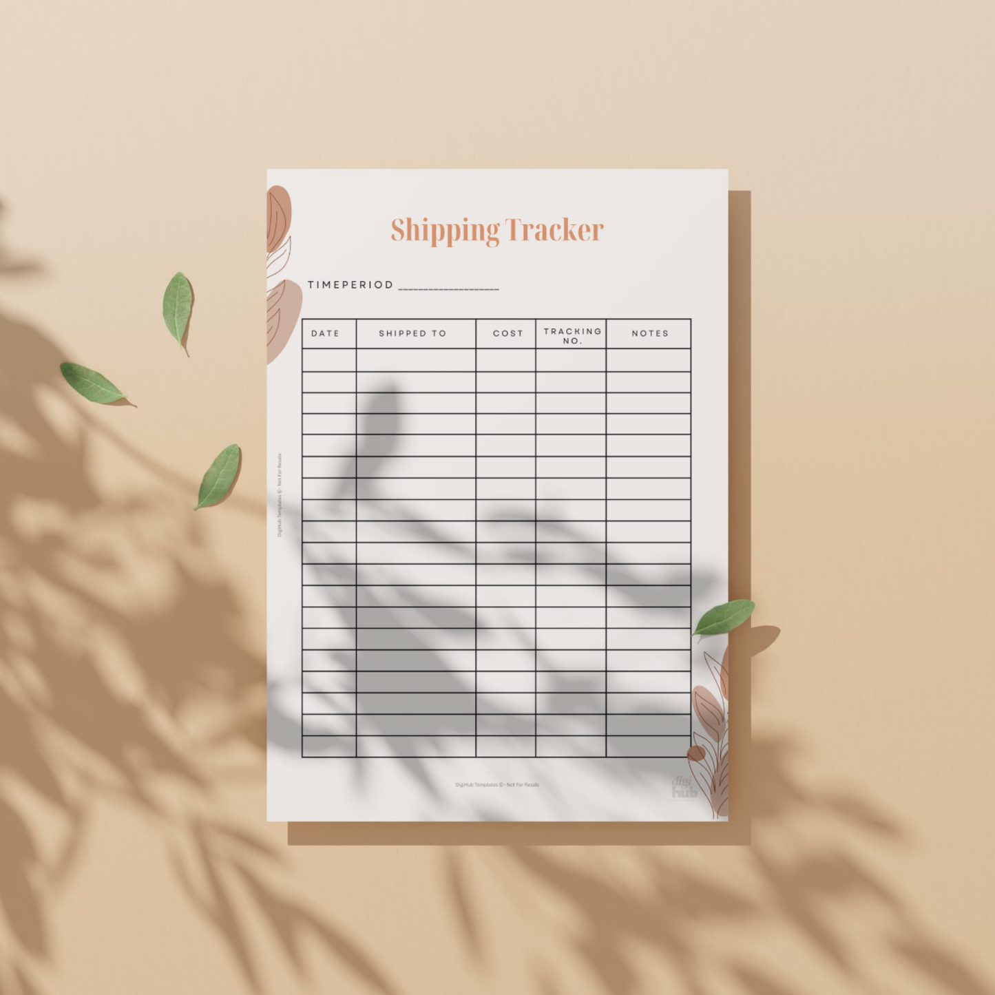 Shipping tracker sheet on a beige background with leaf shadows