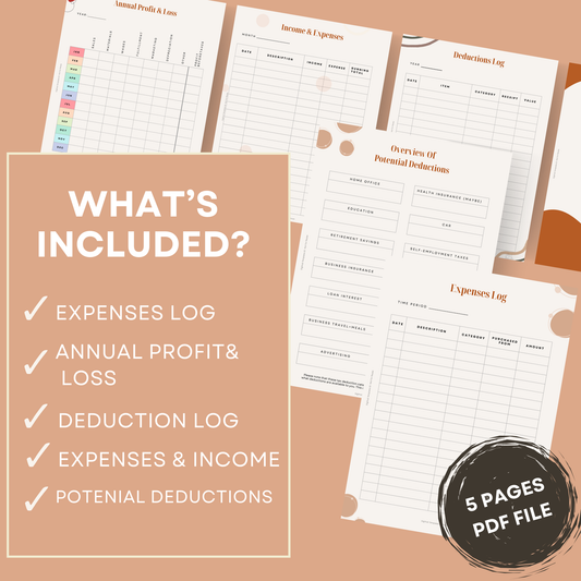 Financial planning printables with a list of included pages on a brown background