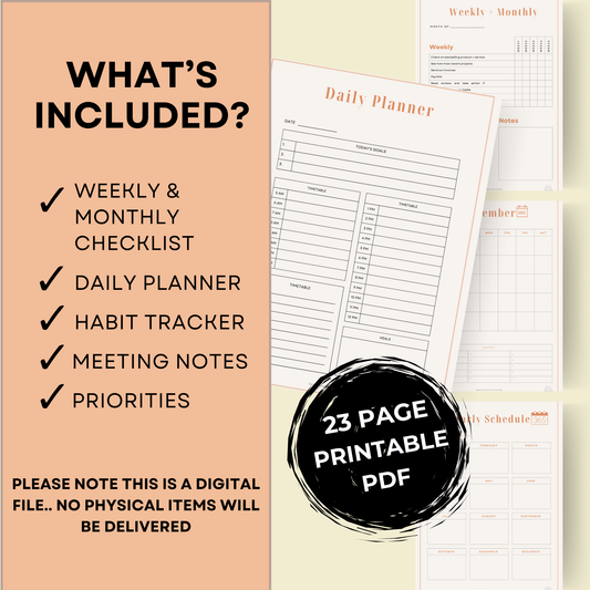 Promotional graphic for a digital planner with checklist, daily planner, habit tracker, and meeting notes included.