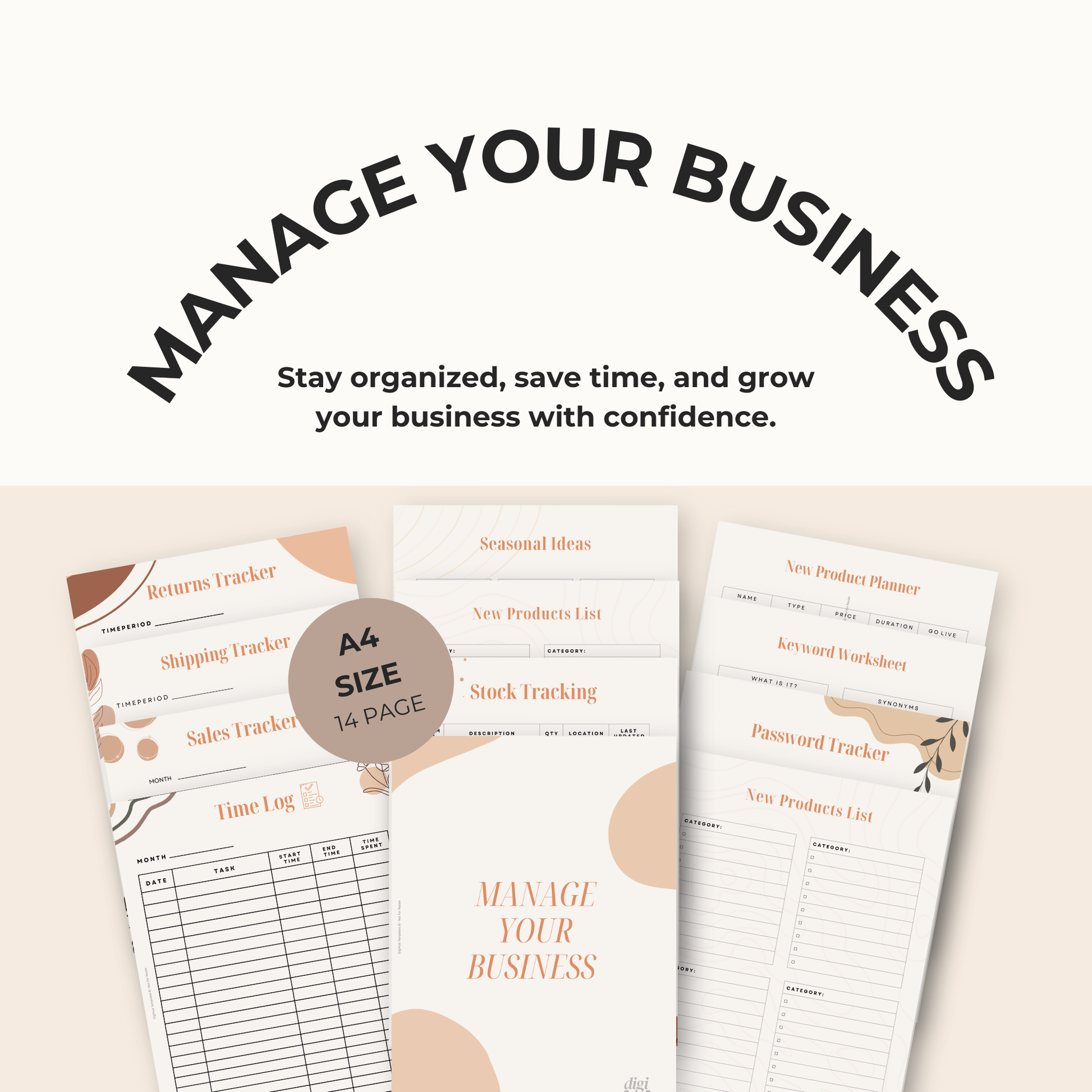 Business management planner with various tracking pages on a light background