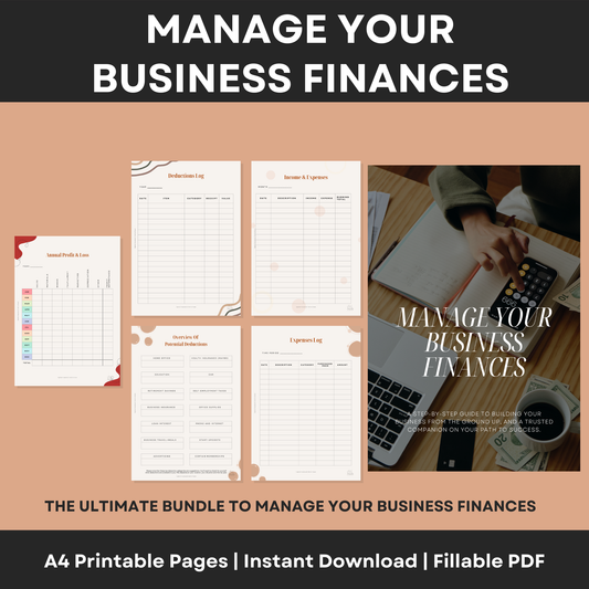 Business finance management bundle with printable pages and a person using a laptop and calculator.