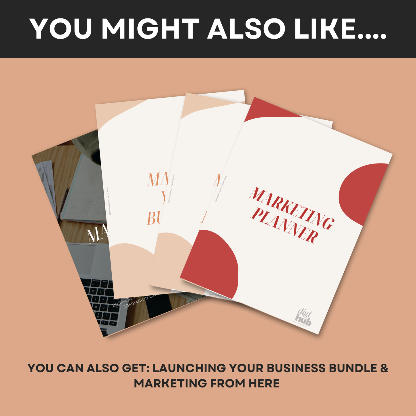 Marketing planner book with a laptop on a beige background