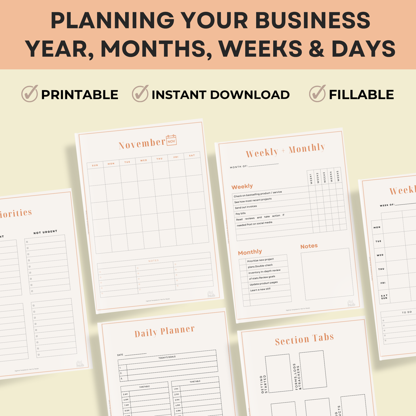 Collection of business planning sheets with text on a light background