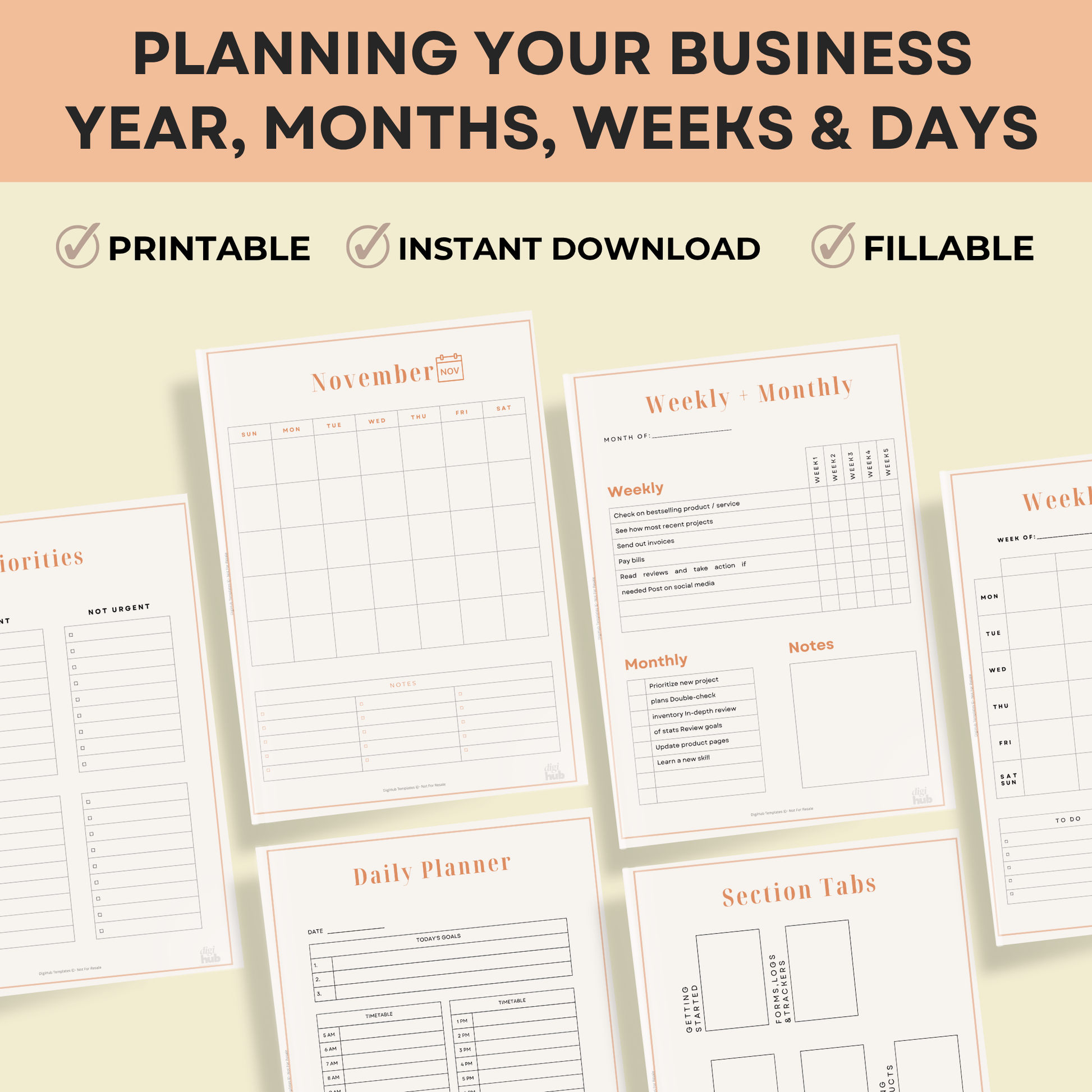 Collection of business planning sheets with text on a light background