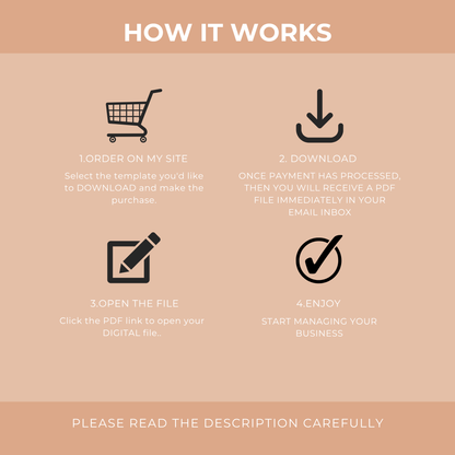 Step-by-step guide on how to use a digital template with icons and text on a beige background.