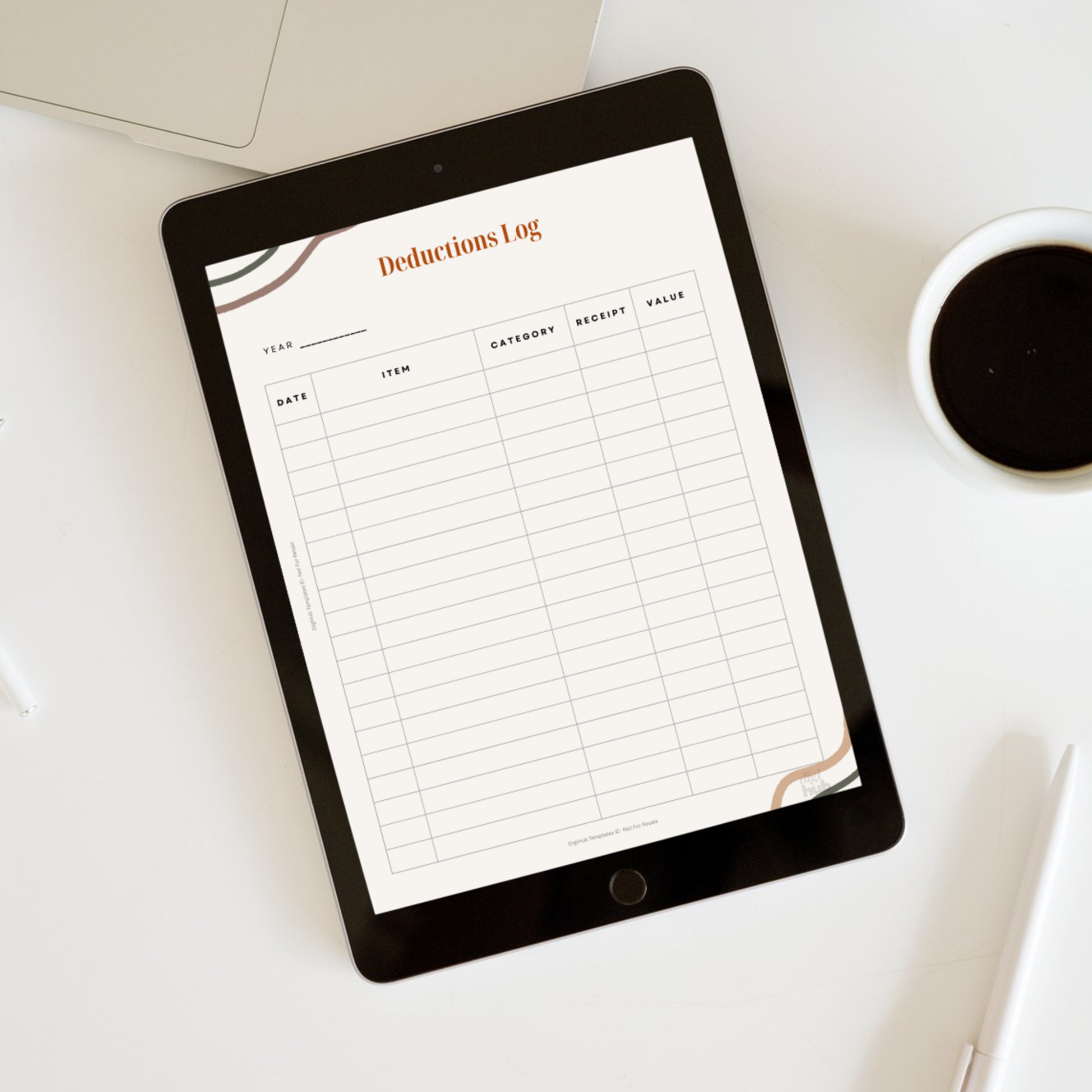 Tablet displaying a 'Deductions Log' on a white surface with a coffee cup and pen.