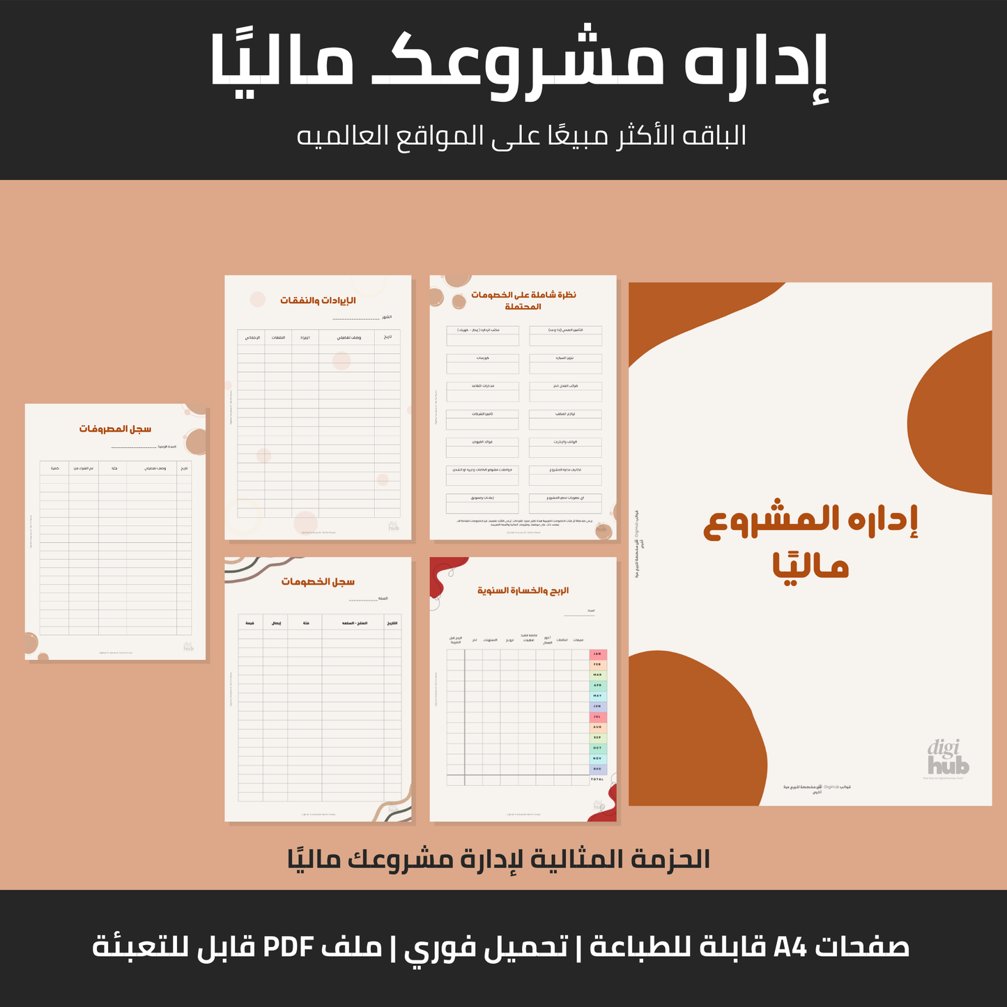 Collection of financial project management sheets with Arabic text on a brown background