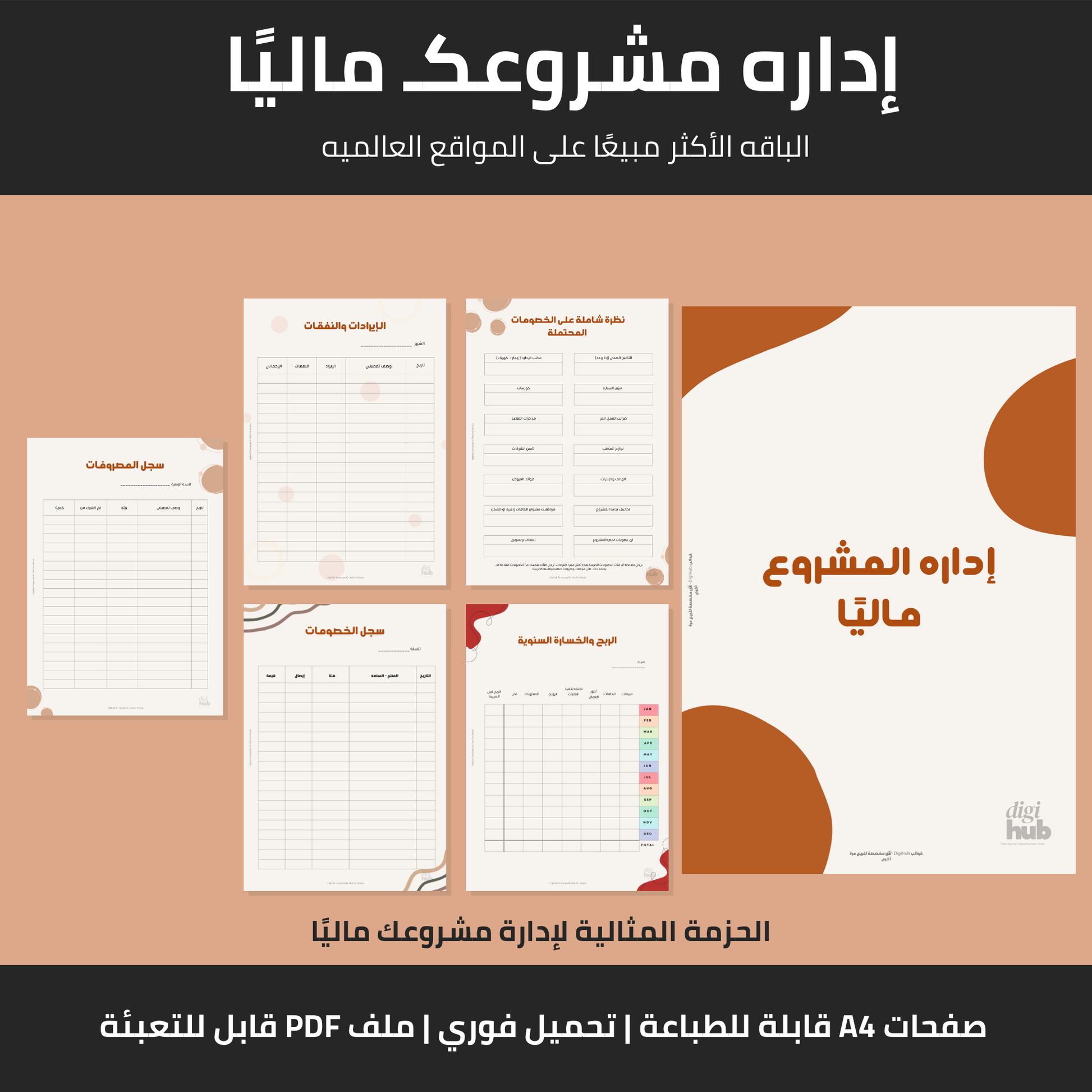 Collection of financial project management sheets with Arabic text on a brown background